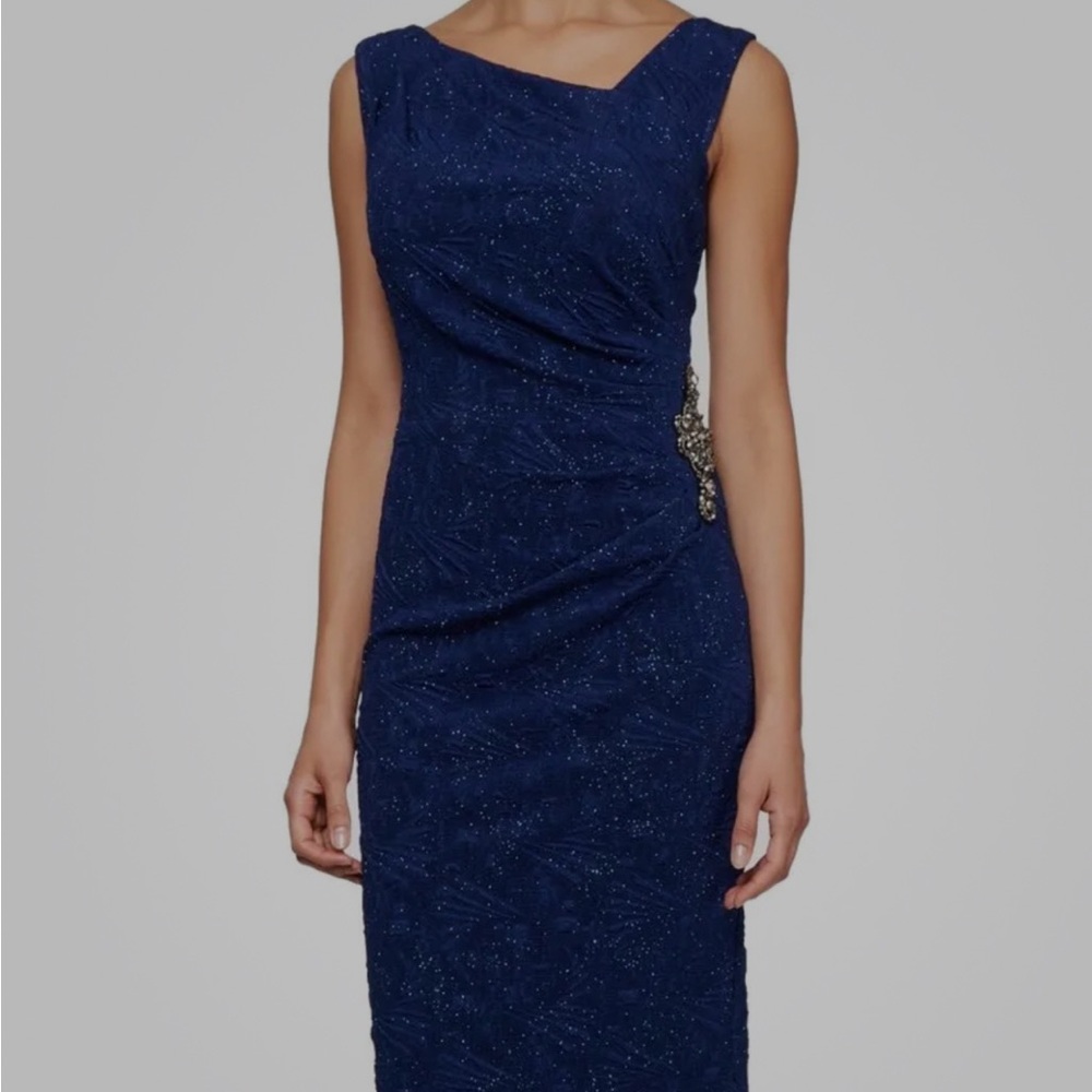Alex Evenings Navy Asymmetrical Dress with Embellishments